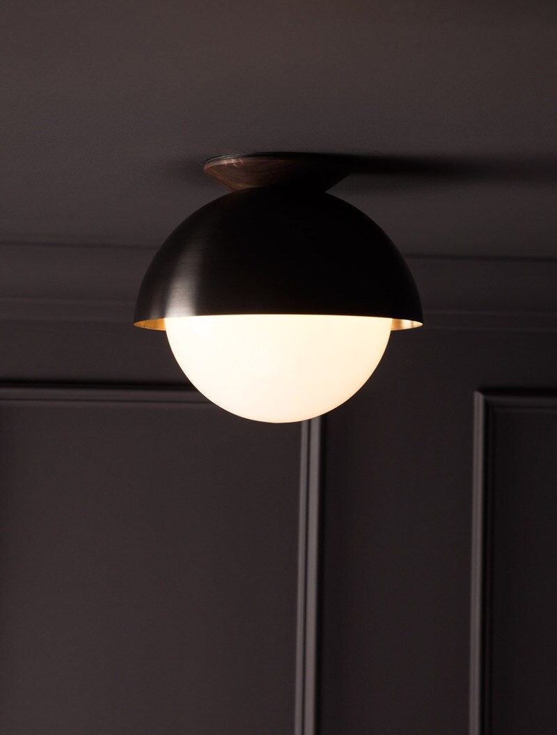Flush Dome 10" shown in Blackened Brass, Black Walnut, Opal Globe